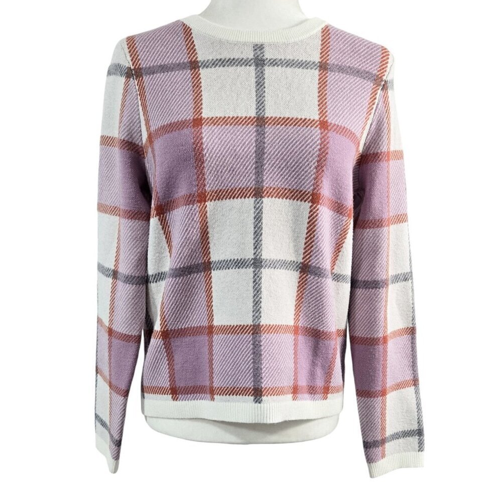 Tahari Pink White Windowpane Plaid Crew Neck Sweater Academia Preppy